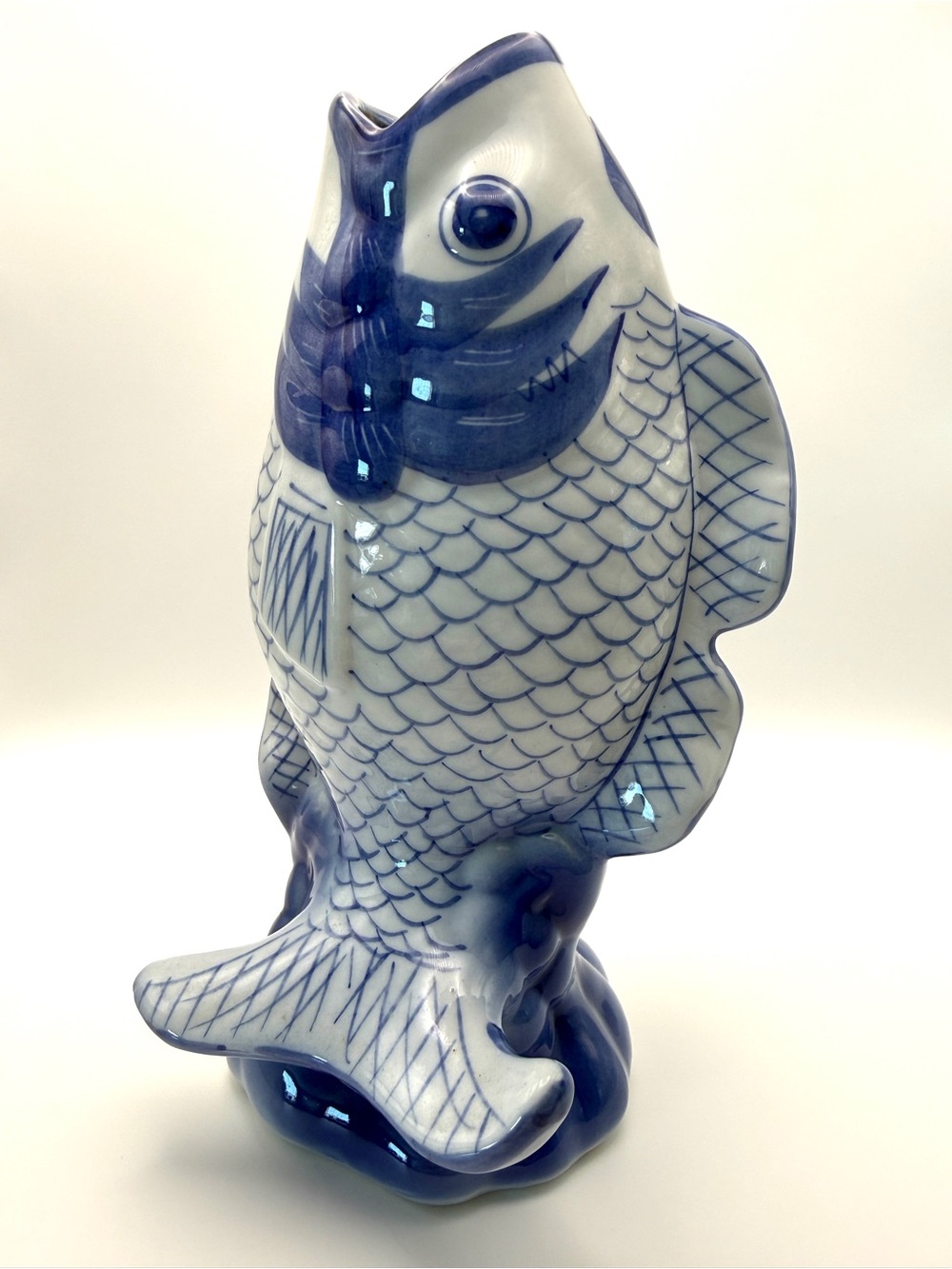 Vintage Ceramic Koi Fish Chinese Vase Figurine Blue / White 9"